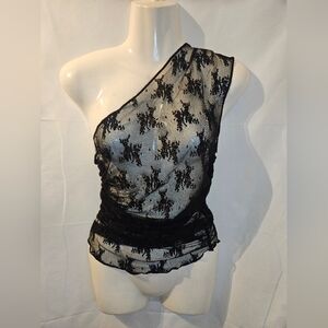 Intimately Free People Black Lace One Shoulder Top Sheer Mesh Ruched Asymmetric